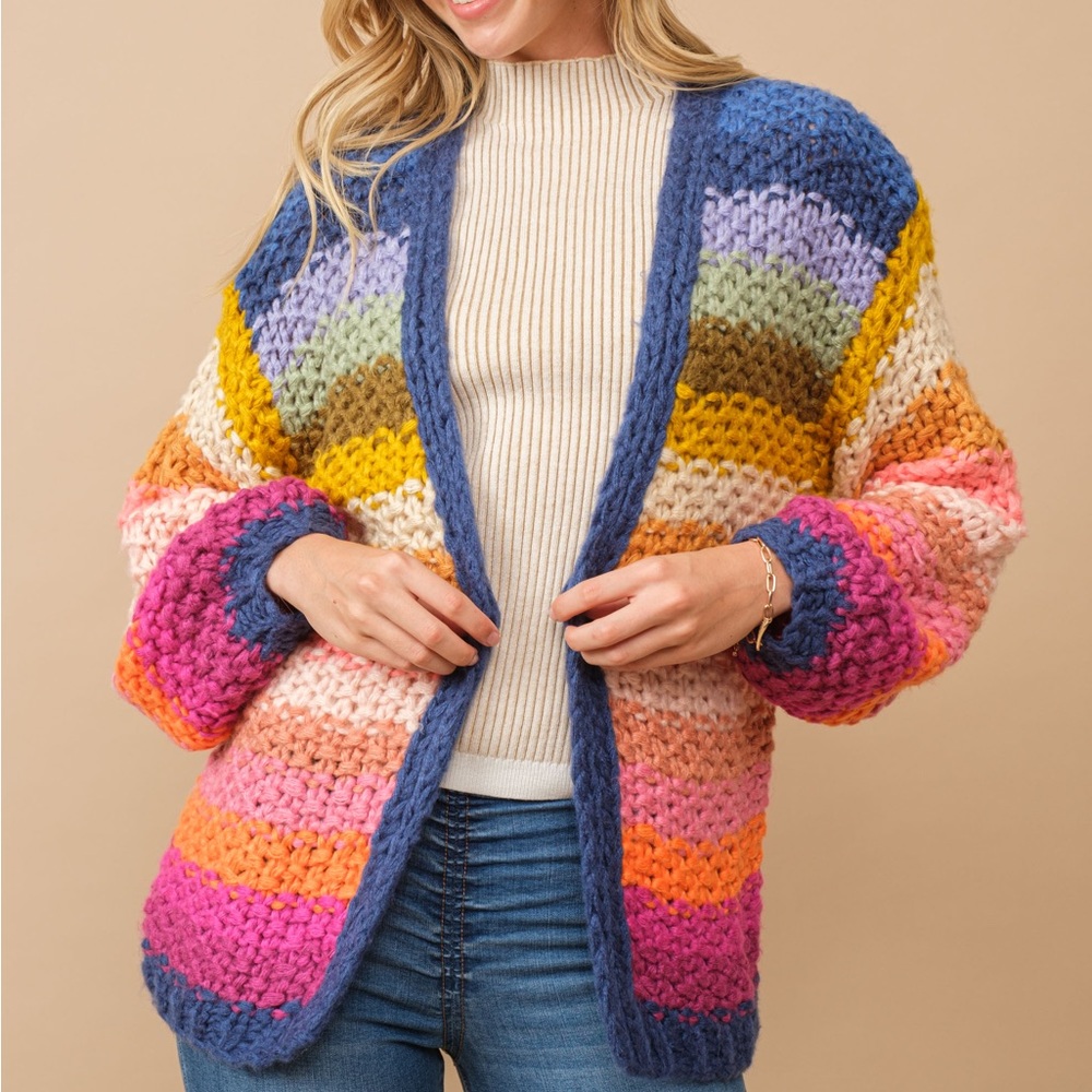 Handmade chunky multi stripe sweater knit cardigan